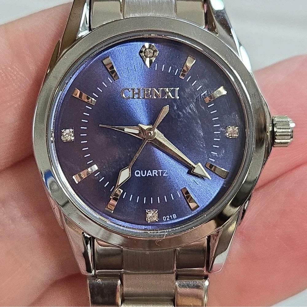 Chenxi CX021L Women's Quartz Watch Dark Blue Dial,SS Band,Rhinestone Markers.